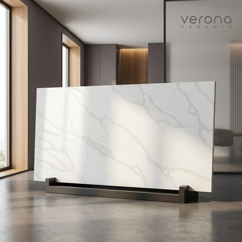 Top Tips for Choosing Engineered Stone Benchtops in Melbourne A polished CALACATTA (VERONA) engineered stone slab from Verona Ceramic shows a pristine white base with bold grey veining inspired by Italian marble.