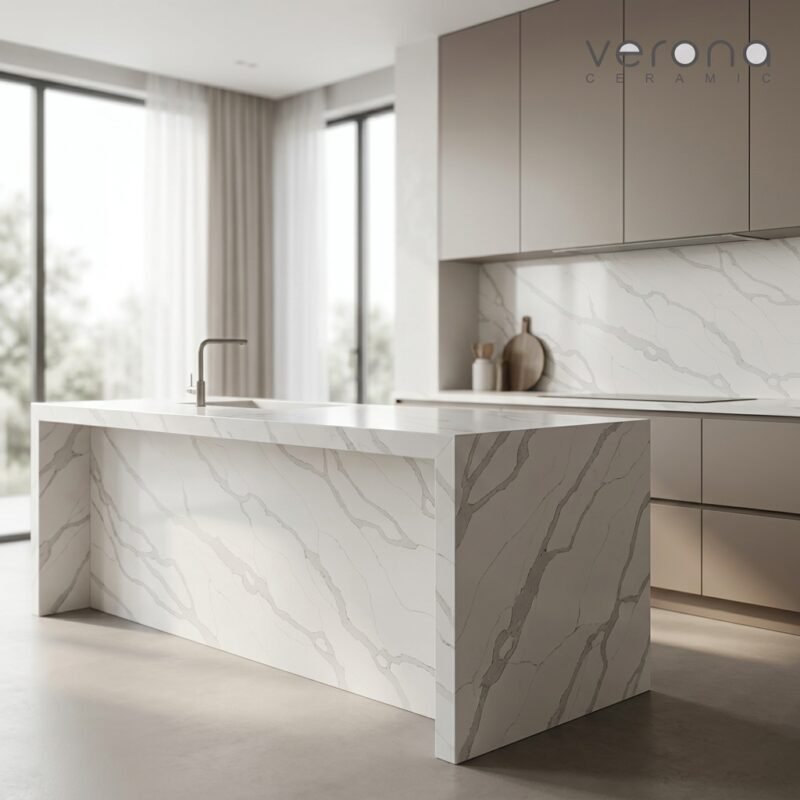 Top Tips for Choosing Engineered Stone Benchtops in Melbourne CALACATTA (VERONA) polished engineered stone from Verona Ceramic with bold grey veining, a white marble look, and sleek modern kitchen surfaces.