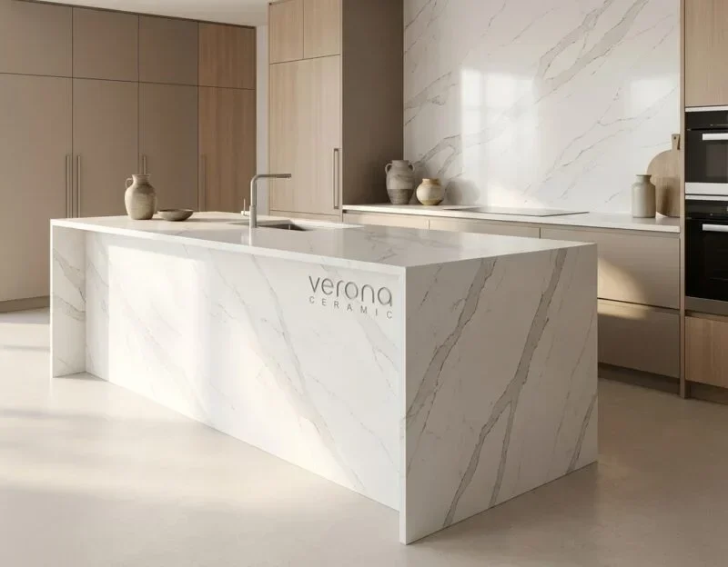 Modern kitchen interior featuring Verona Ceramic engineered stone island countertop and wall tiles.
