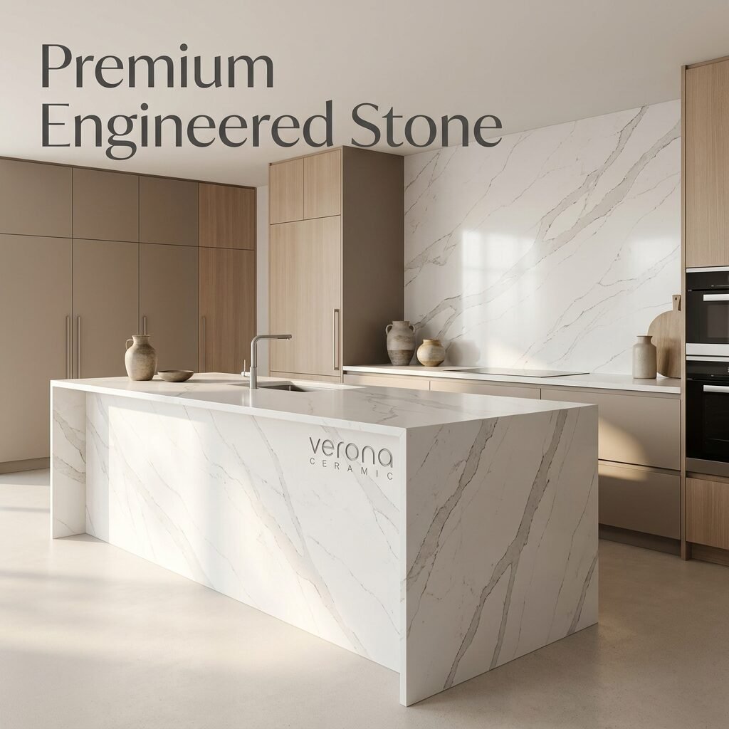 CALACATTA (VERONA) engineered stone by Verona Ceramic shows a polished white surface with bold grey veining in a modern kitchen setting.