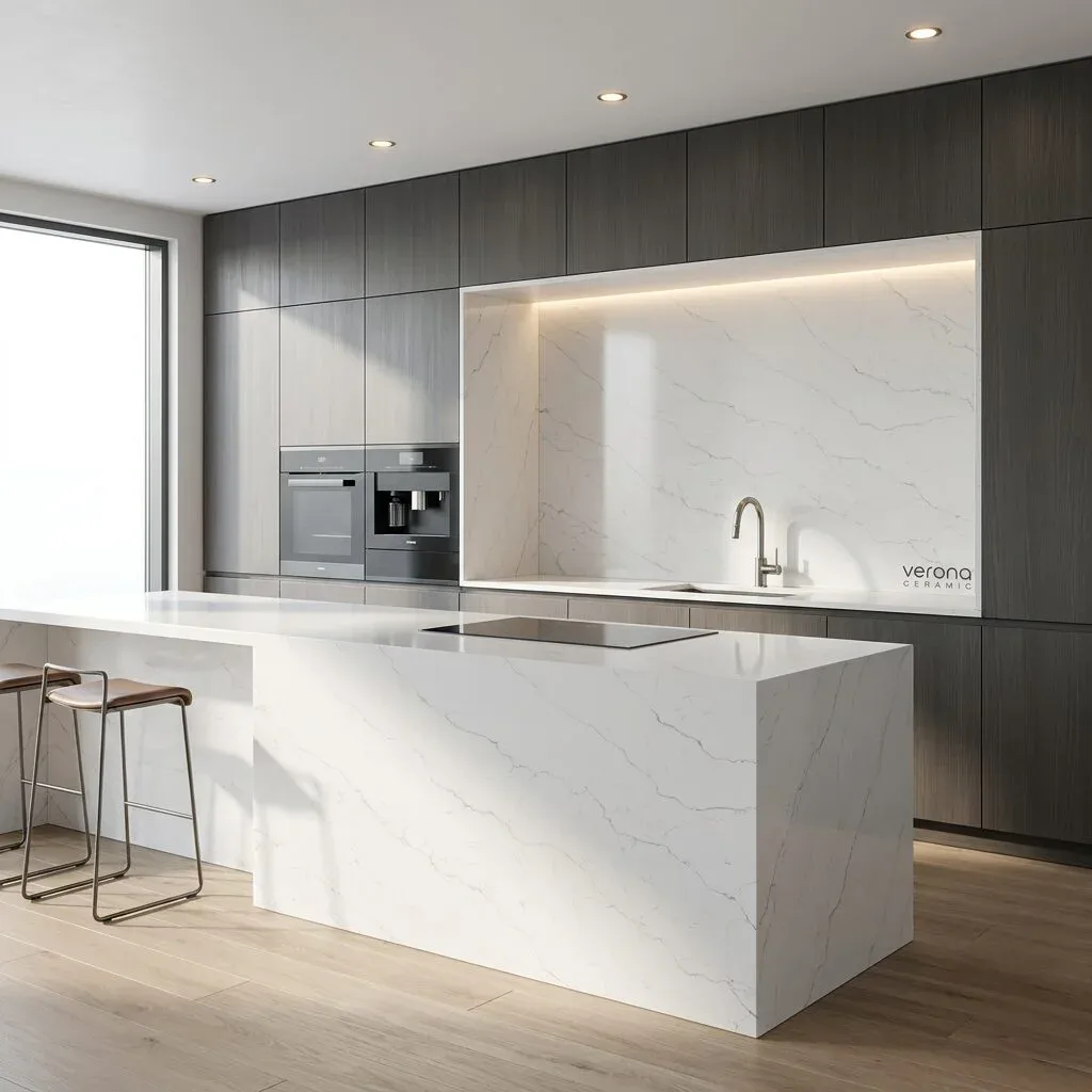 Modern kitchen featuring Verona Ceramic engineered stone benchtops and splashbacks with marble-look veins.
