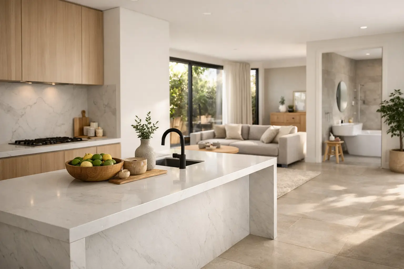 Modern kitchen and bathroom design with engineered stone benchtops and premium tiles, Melbourne renovation inspiration.