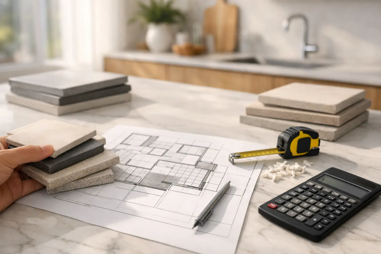 Tile samples and architectural plans for renovation project, measuring tape and calculator for quantity calculation.