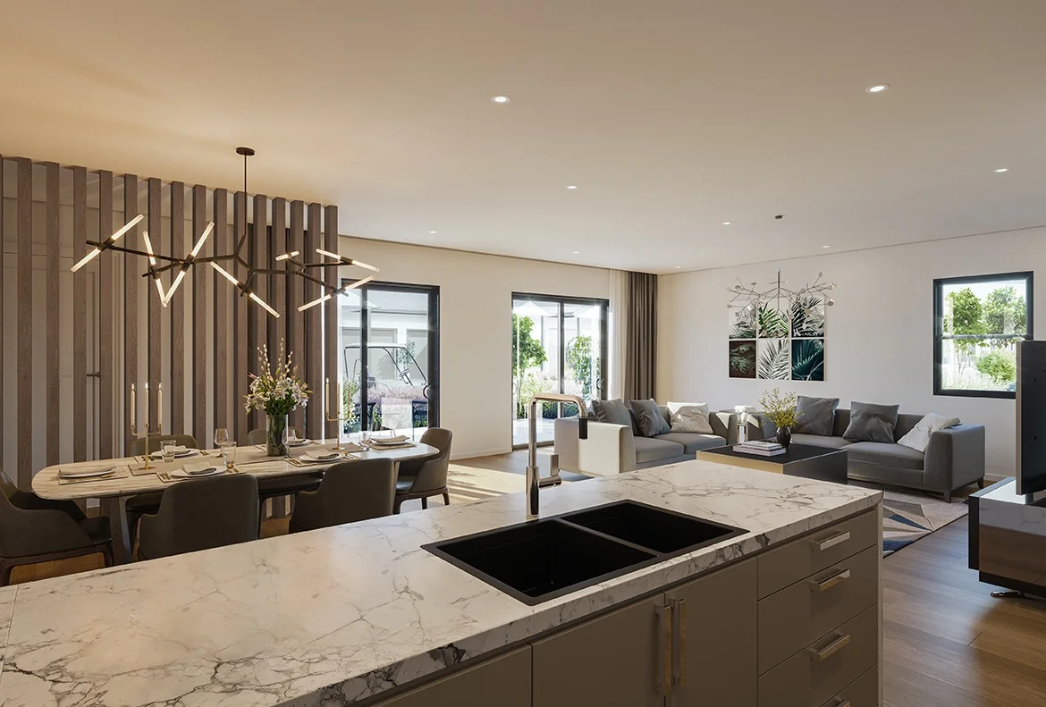 Modern living room and kitchen interior design with engineered oak flooring and marble surfaces.
