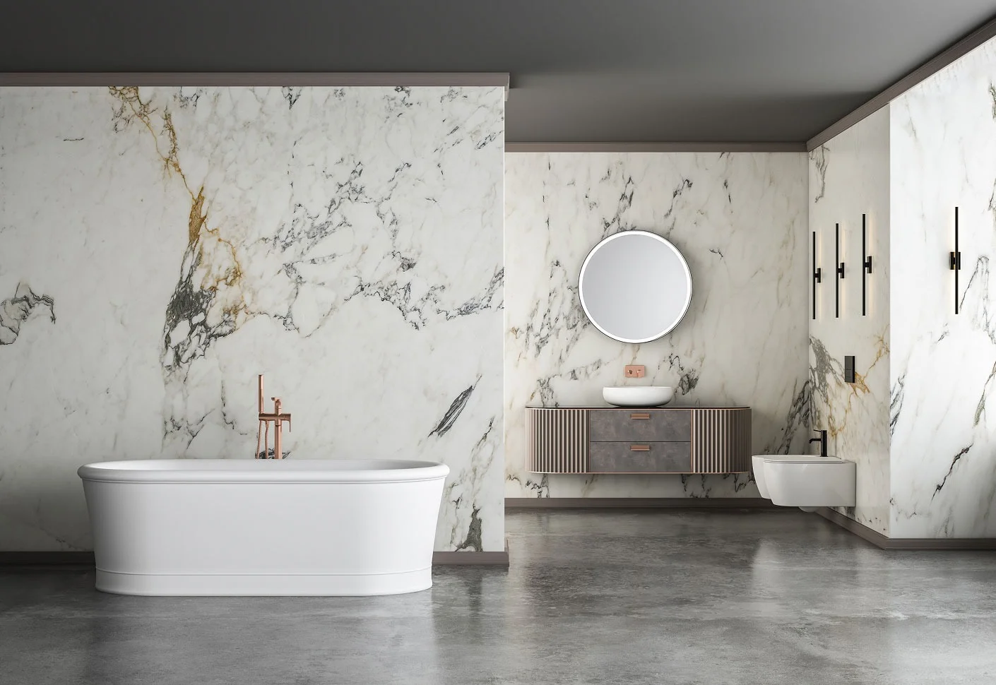 Luxury bathroom with marble tiles and modern fixtures, Verona Ceramic showroom design.