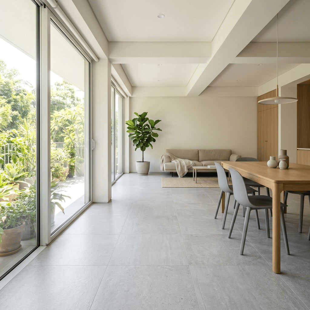 Bright living and dining room with beige sofa, wooden table, gray chairs, and large sliding glass doors