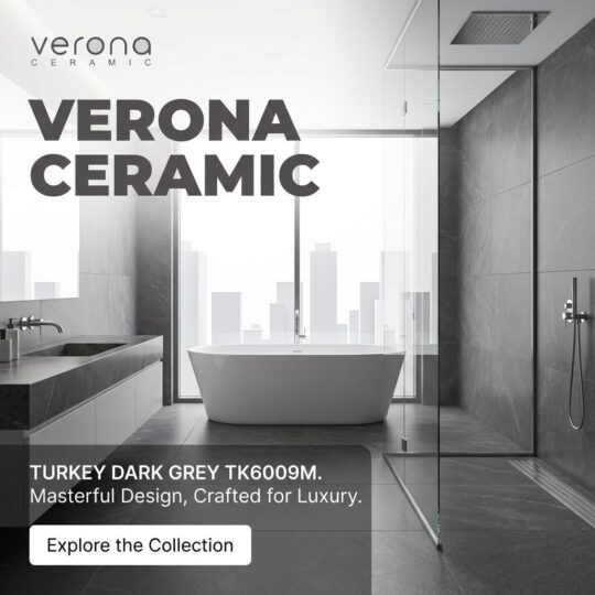 600mmx600mm dark grey travertine tile bathroom design and Verona Ceramic luxury tiles.