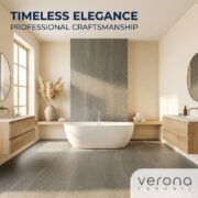 Premium European Oak engineered timber flooring in a modern bathroom setting.