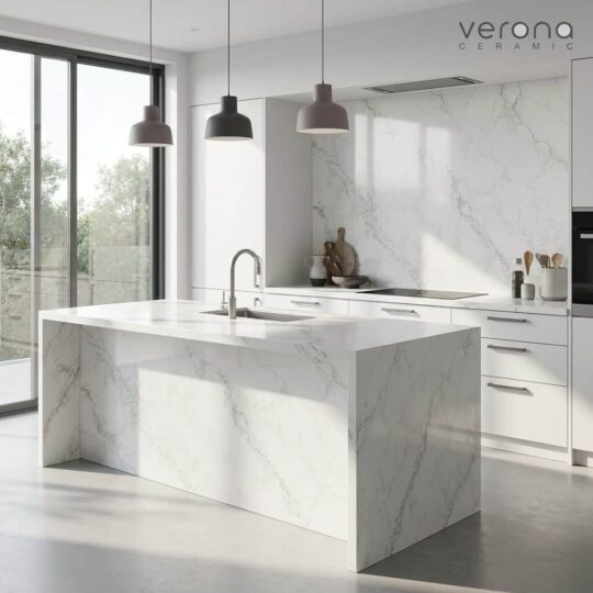 Marble-look engineered stone kitchen island and countertops in a modern Australian home.