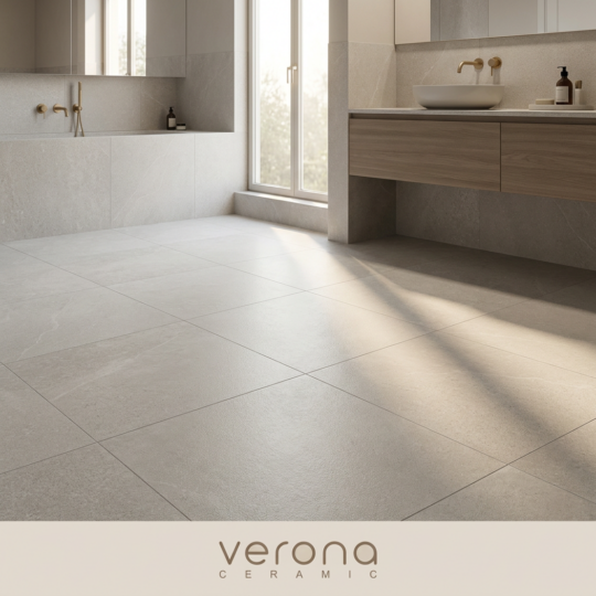Modern bathroom renovation with Verona Ceramic tiles and engineered stone vanity.