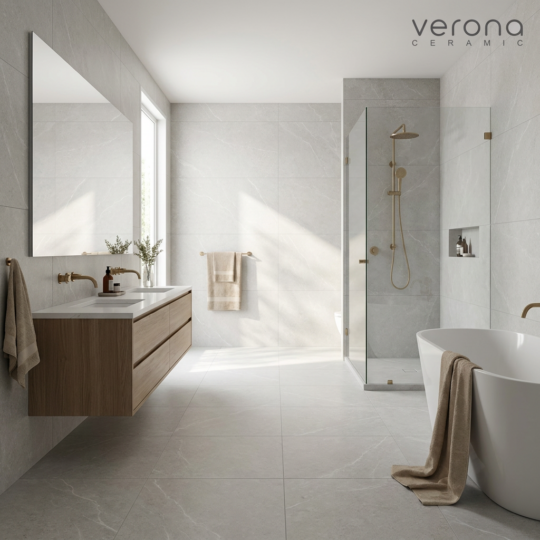 Modern bathroom design with Verona Ceramic tiles and timber vanity.