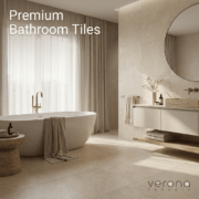 Espera Cream Carving Glaze Porcelain Tile bathroom design with freestanding tub and modern vanity.