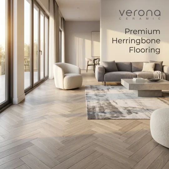 Interior design project showcasing premium herringbone flooring and Verona Ceramic tiles.