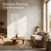 Grey marble look tile installation in modern interior and Verona Ceramic logo