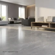 Grey polished marble look tile flooring in modern interior design