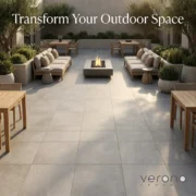 Verona Premium Grey Polished Marble Look Tile installation in outdoor living space with fire pit and seating.