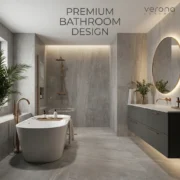 Bathroom design featuring light grey stone look tiles and modern fixtures.