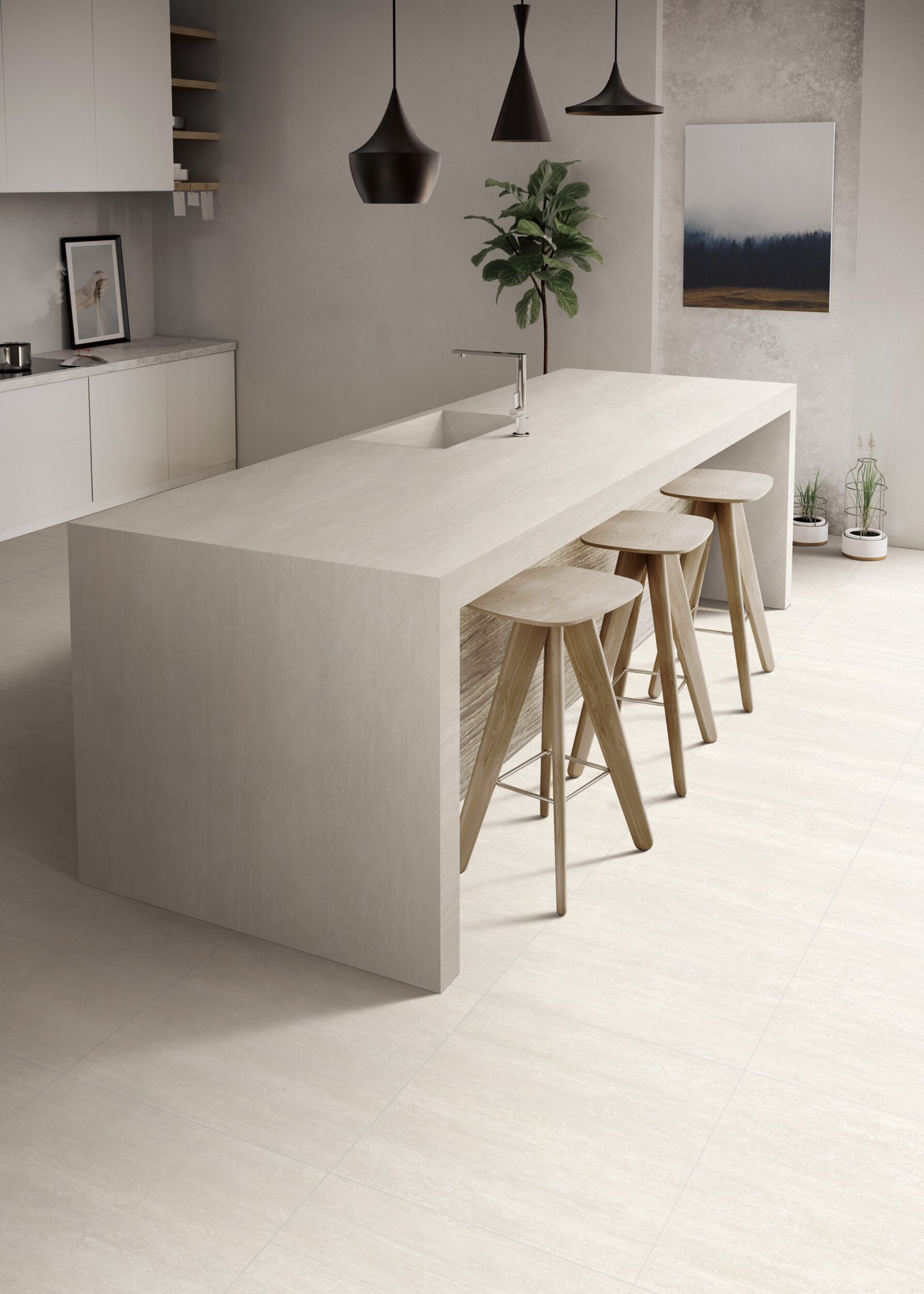 Modern kitchen interior with Travertine Sierra Ivory Filled Porcelain Tile flooring and island benchtop.