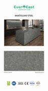 Anatolian Steel engineered stone slab showcasing grey veining and luxurious kitchen island application.