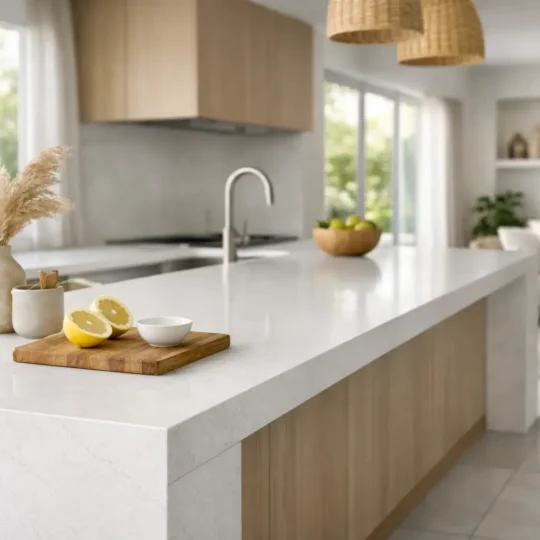 Modern kitchen featuring engineered stone benchtop and timber cabinetry.