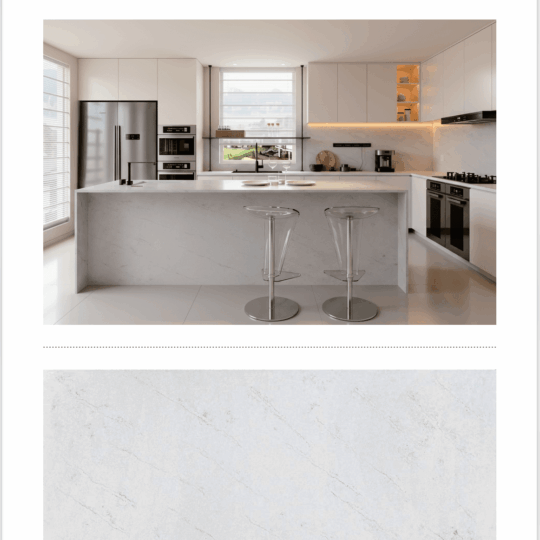 Modern kitchen interior featuring Sky Line engineered stone island bench and splashback.