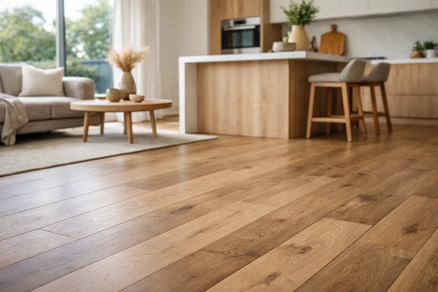 Engineered European oak timber flooring in a modern Australian home interior, showcasing warmth and grain.