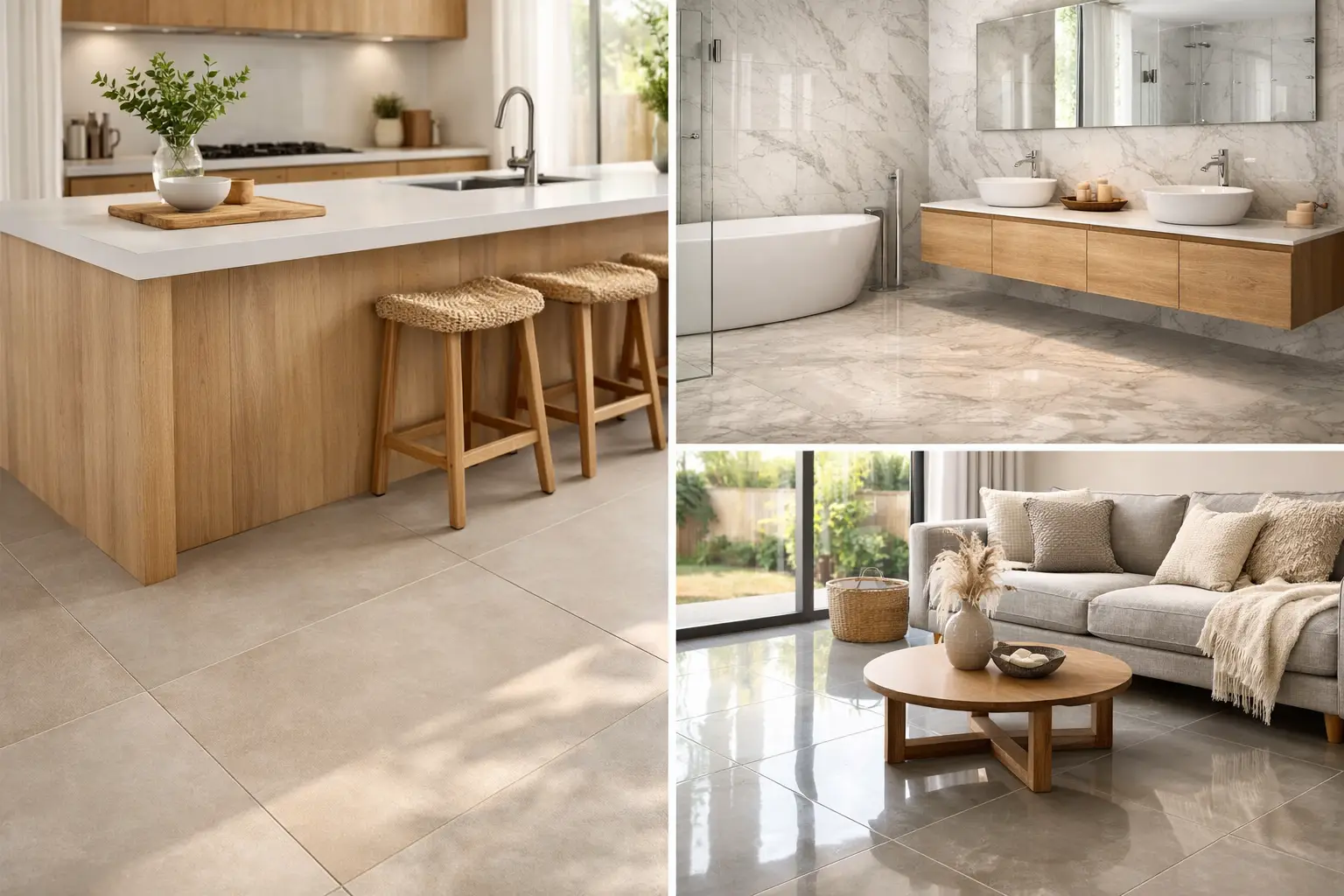 Interior design showcasing porcelain tile finishes in kitchen, bathroom, and living room spaces.