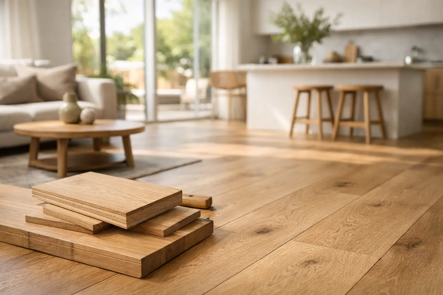 Engineered oak timber flooring samples in a modern Melbourne living room, showcasing tile and flooring options in Springvale.