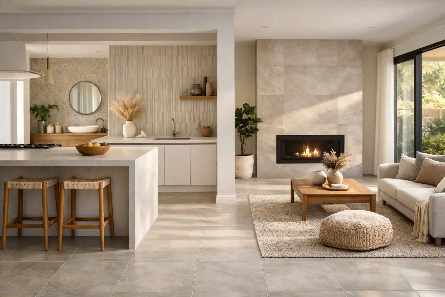 Warm neutral tile trends for Melbourne homes in 2026, featuring textured walls and durable porcelain formats.