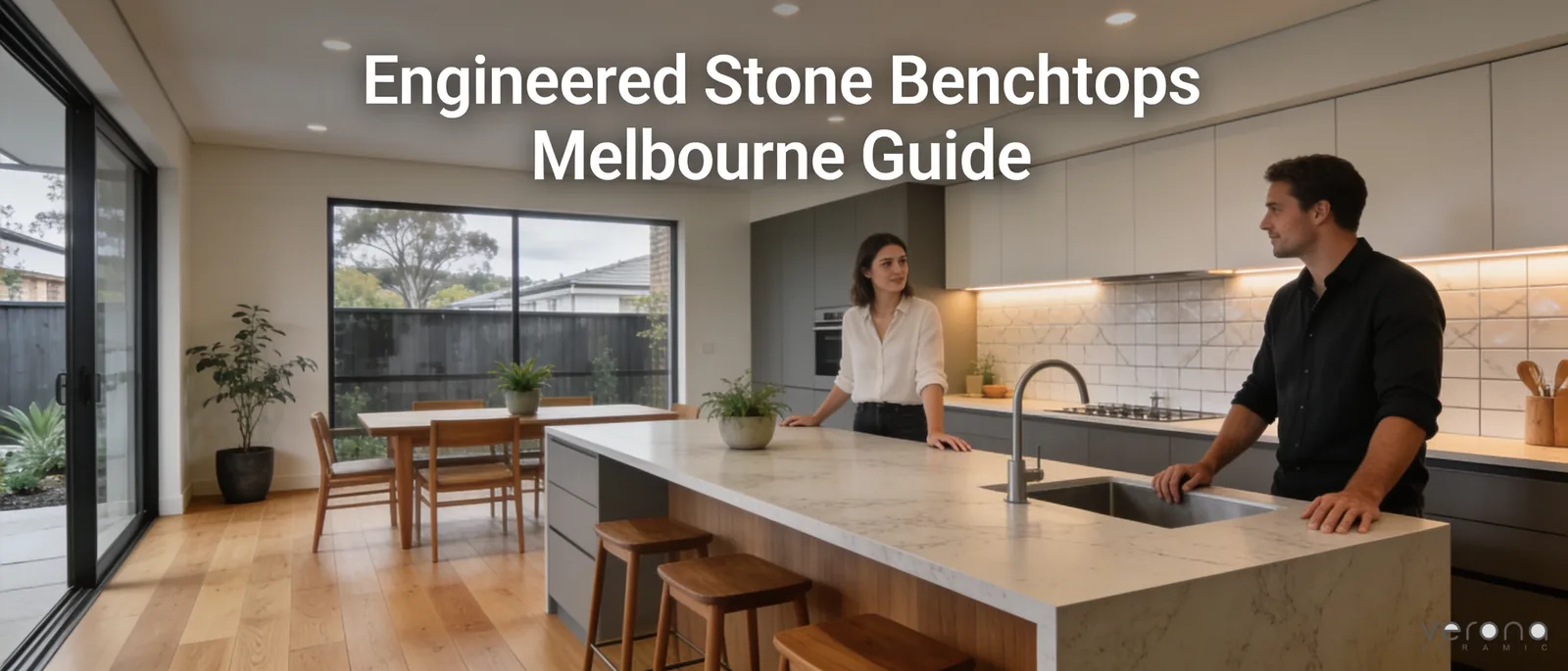 Modern kitchen interior featuring engineered stone benchtops and Melbourne design inspiration.
