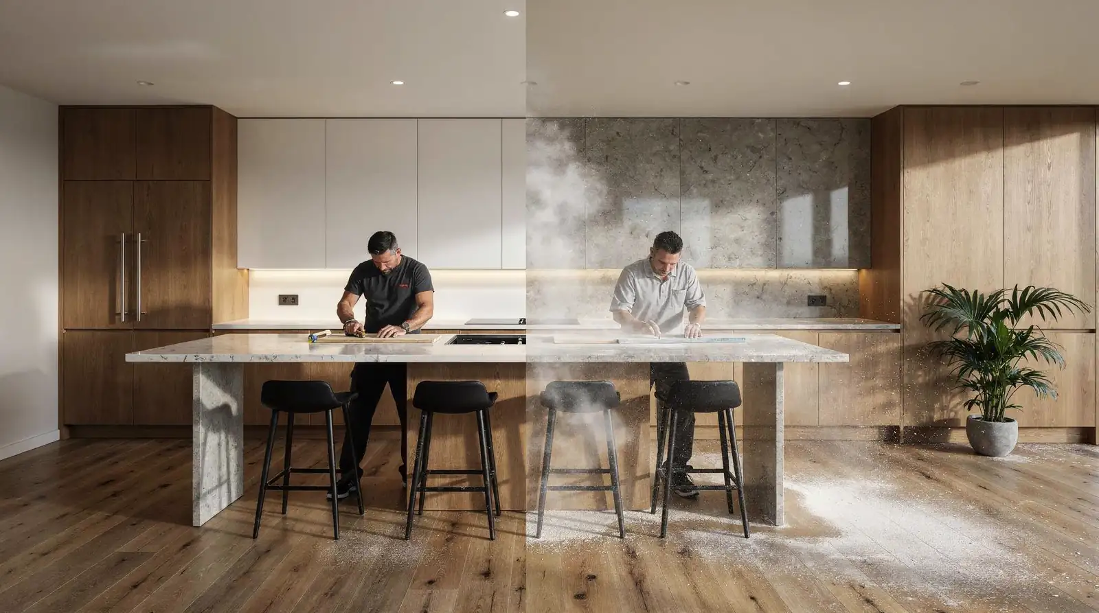 Traditional quartz benchtops made from roughly 90% crushed quartz release fine silica dust during cutting