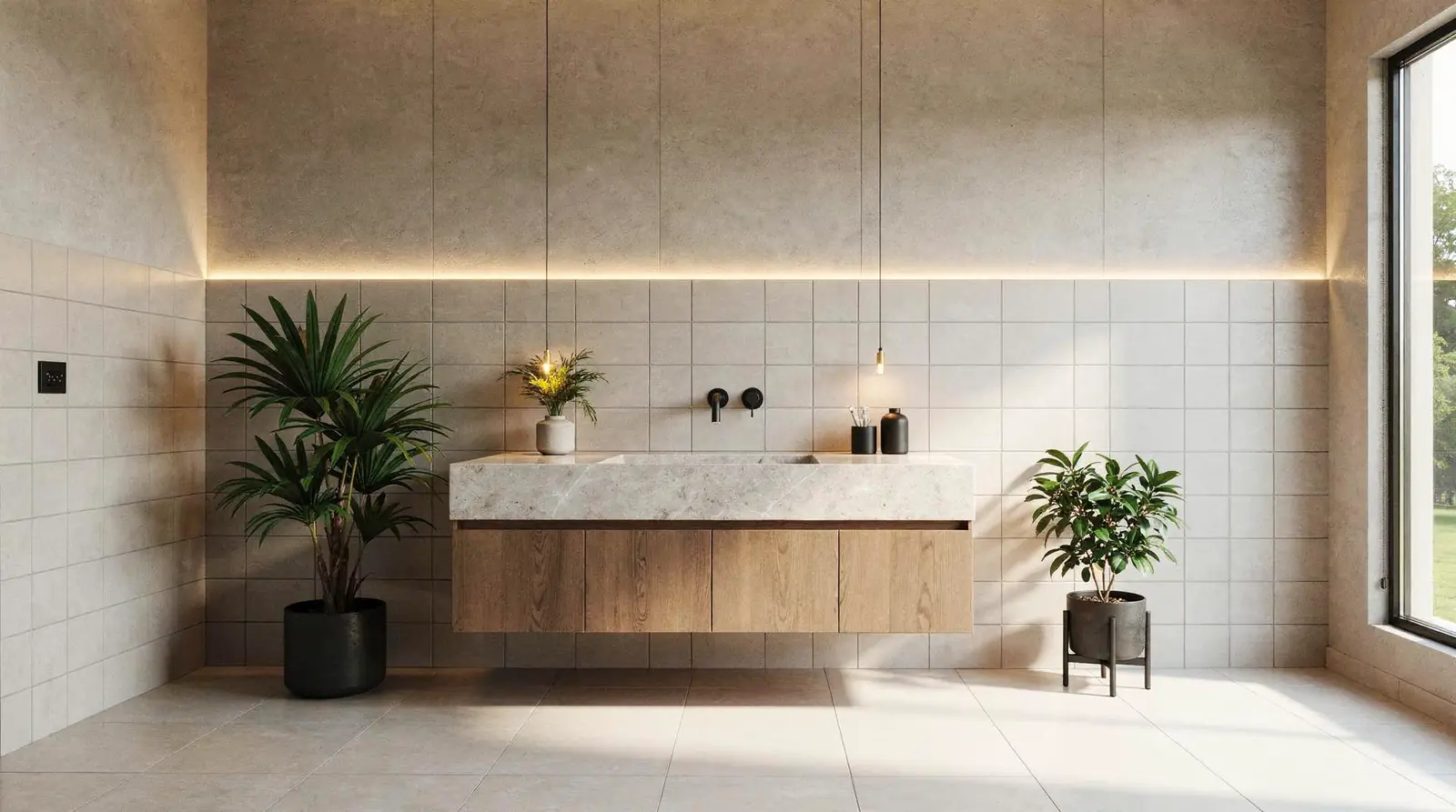 Premium Tiles Melbourne: Your Complete Guide 2 Modern bathroom interior with textured tiles and marble-look surfaces, demonstrating visual depth and technical reliability for Melbourne homes.