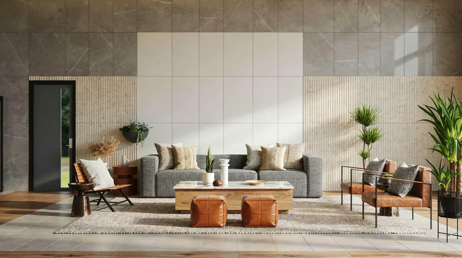 Premium Tiles Melbourne: Your Complete Guide 4 Luxury tile finishes and textures in a Melbourne living room design.