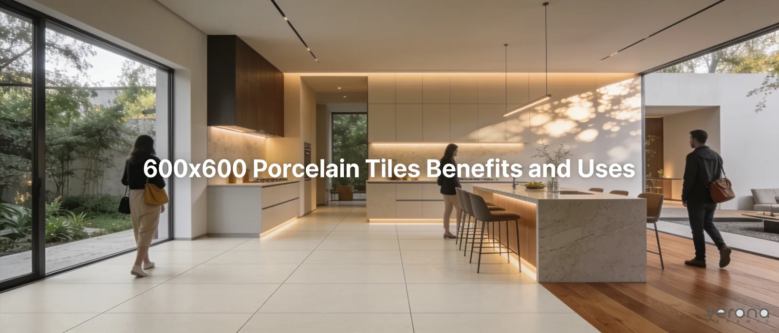 Modern interior design with 600x600 porcelain tiles and marble-look surfaces.