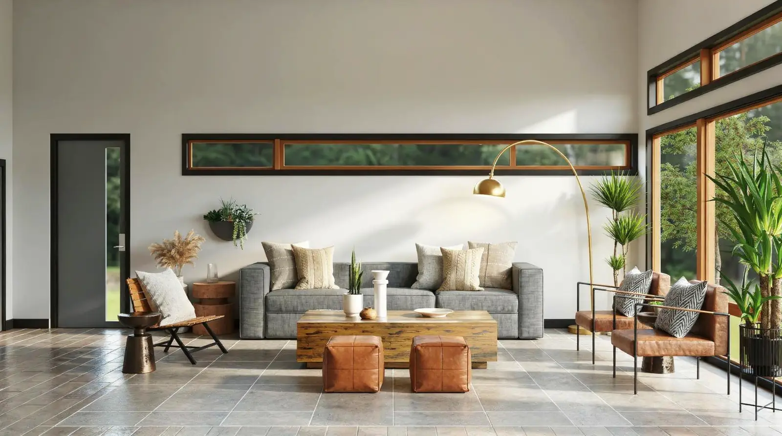 600x600 Tiles Melbourne: Benefits and Uses 2 Modern living room interior with 600x600 porcelain tiles and natural stone accents.