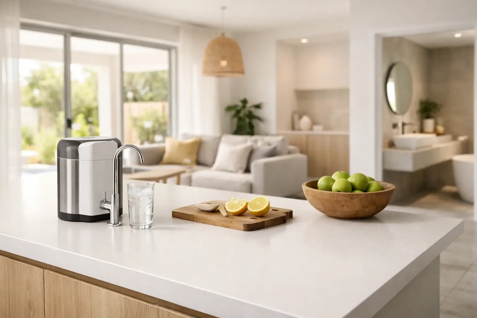 Modern kitchen interior with engineered stone benchtop and warm neutral tile trends for Melbourne homes in 2026.