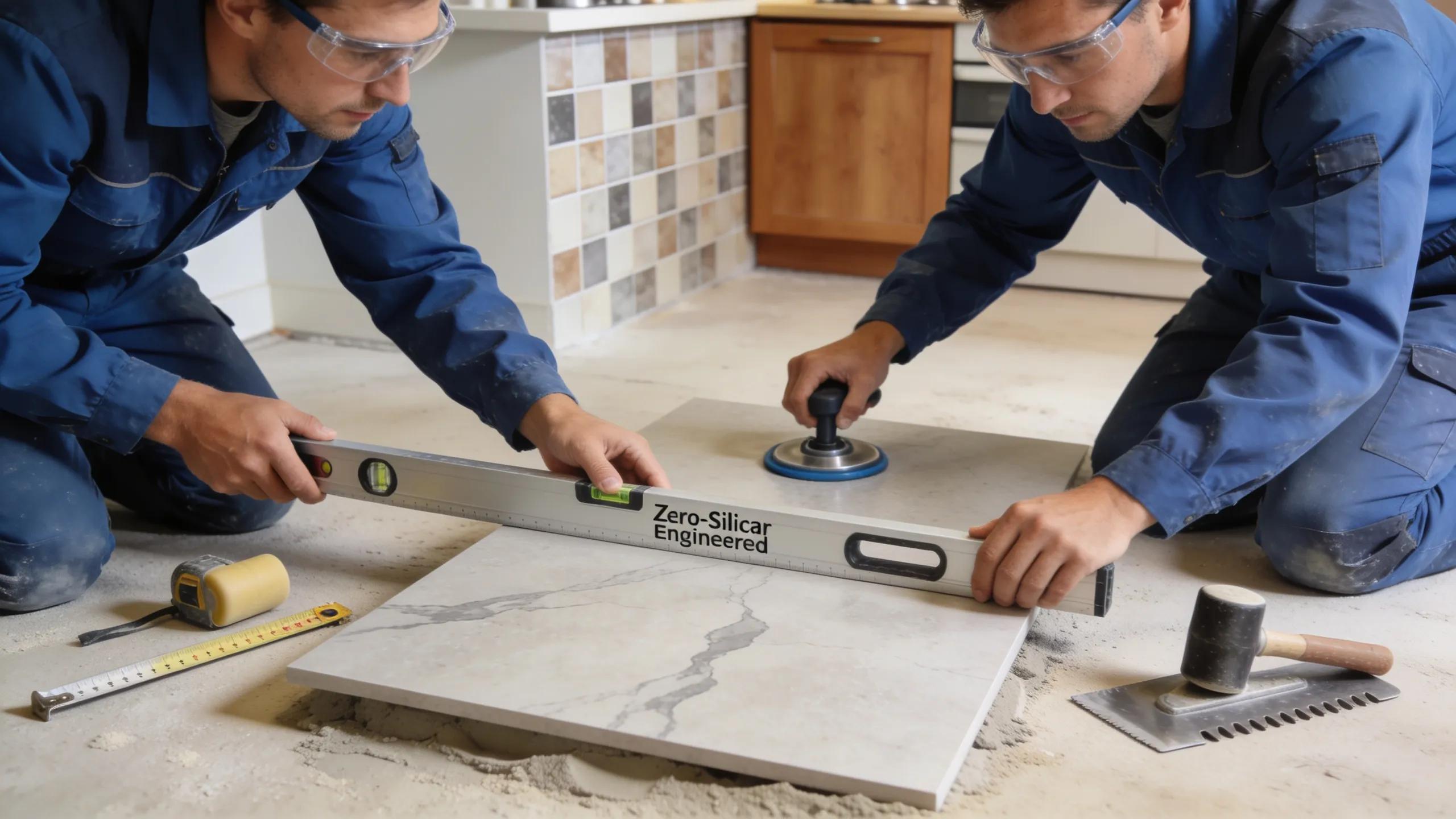 Craftsmen installing zero-silica engineered stone, showcasing professional techniques and attention to detail