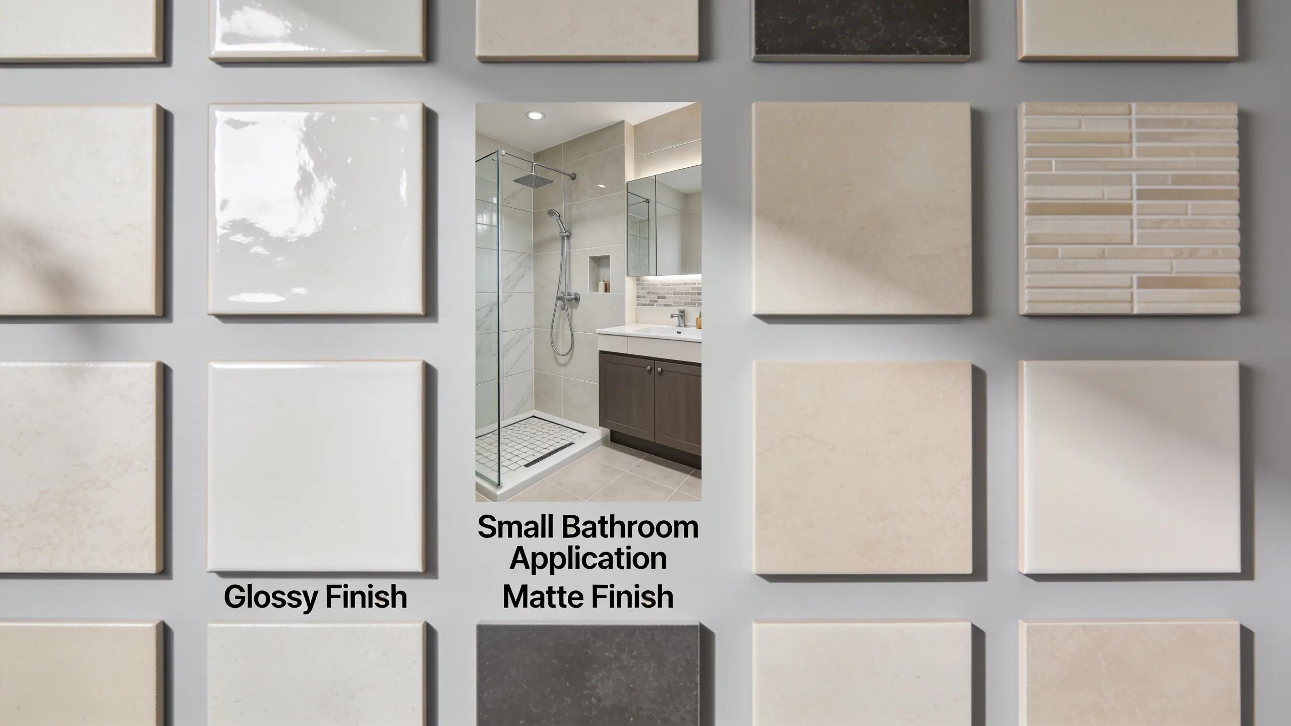 Variety of tile finishes and textures demonstrating their impact on bathroom design and aesthetic quality