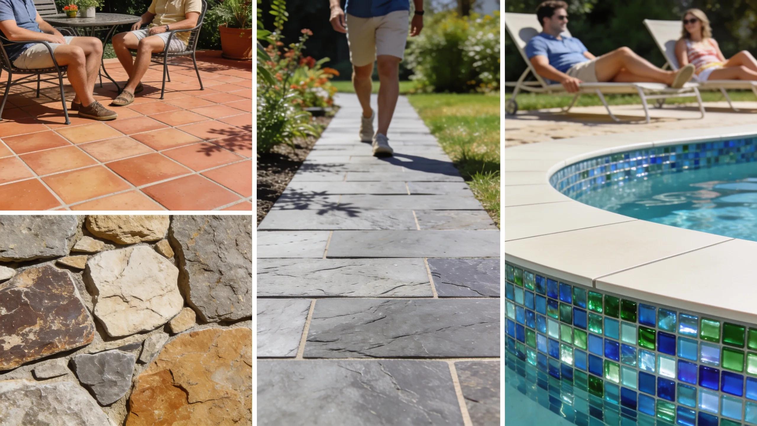 Close-up of various outdoor tile applications including patios and pool surrounds, emphasising versatility