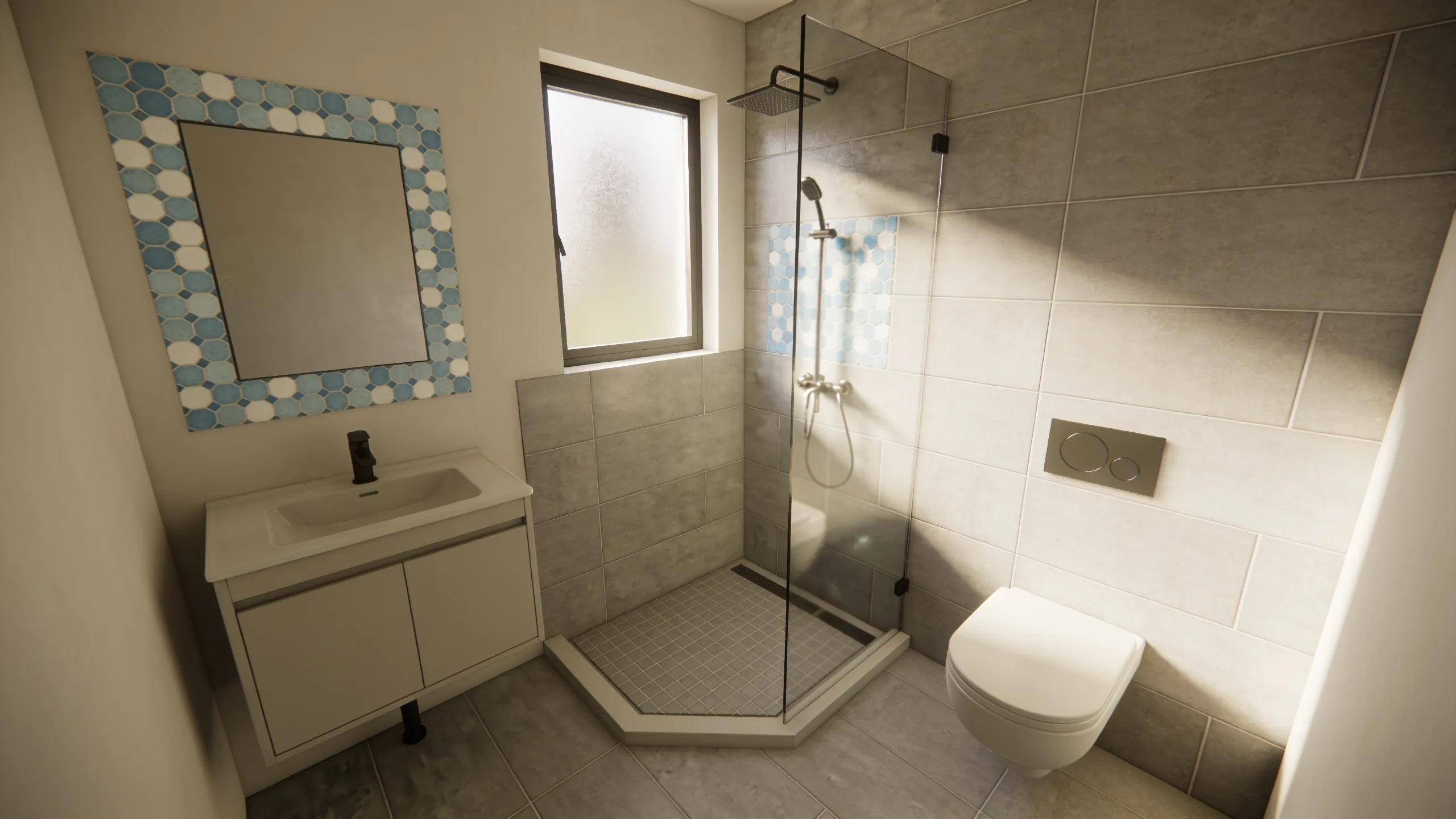 Small bathroom design with various tile sizes demonstrating space optimization and aesthetic appeal