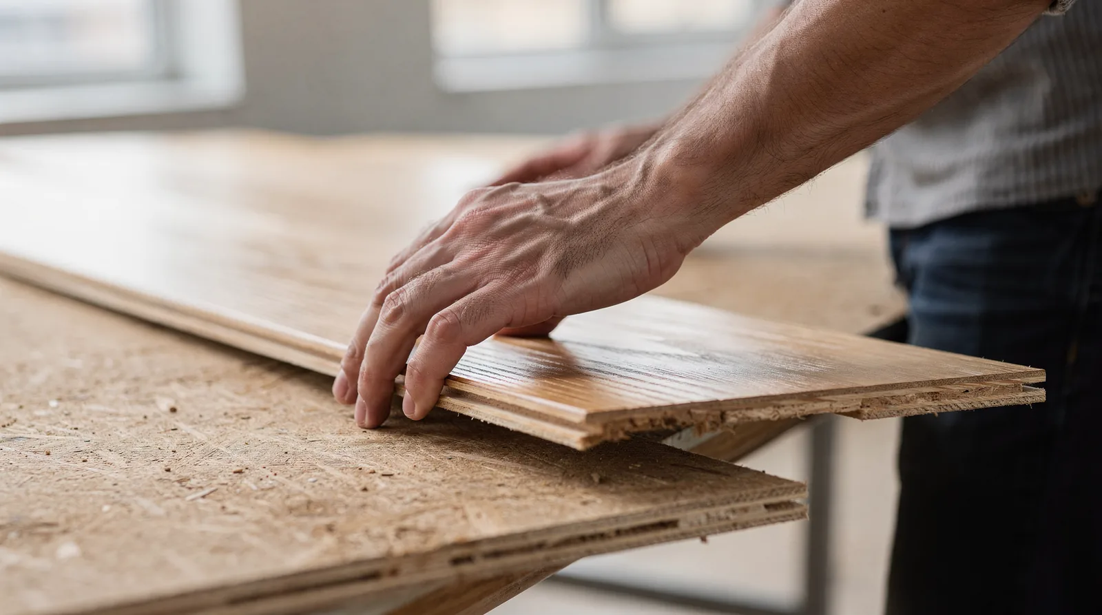 The wear layer is a genuine hardwood veneer, typically 2 to 6 millimeters thick